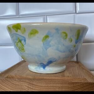 Vintage ceramic bowl red yellow blue whispy colors marked made in Italy